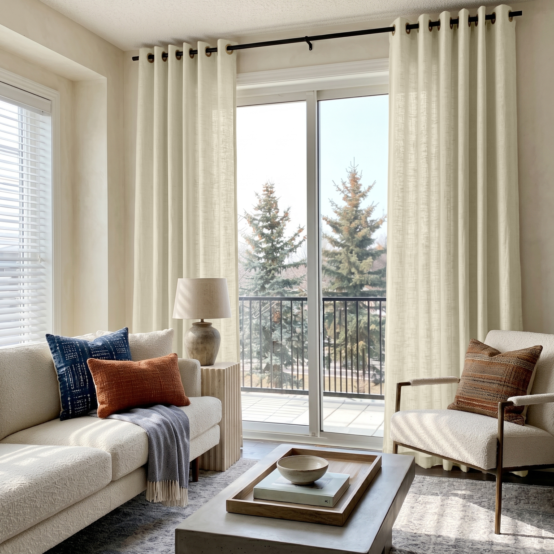 Ecru Heavy Weight Linen Grommet Curtains for Sliding Door in a Bright Living Room with Cream Seating, Black Rod, and Balcony View
@Heading: Grommets