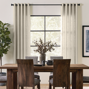 Ecru Heavy Weight Linen Grommet Curtains in a Contemporary Dining Room with Dark Wood Furniture and Black-Framed Window