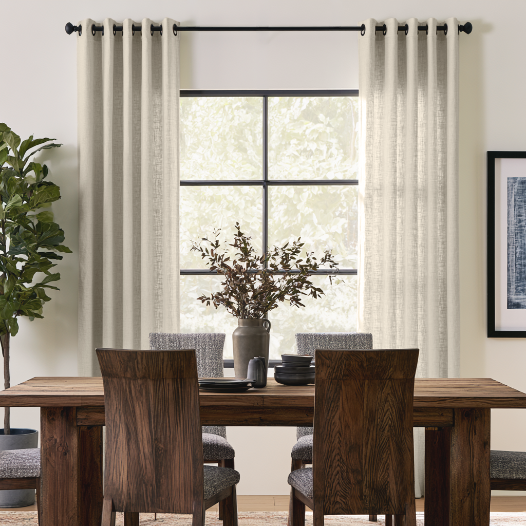 Ecru Heavy Weight Linen Grommet Curtains in a Contemporary Dining Room with Dark Wood Furniture and Black-Framed Window