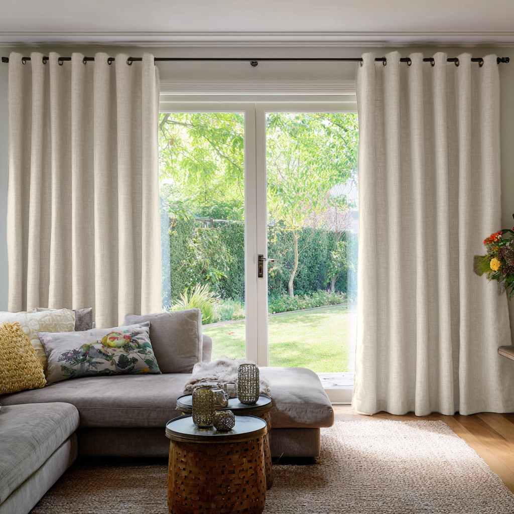 Ecru Heavy Weight Linen Grommet Extra Long Curtains in a Cozy Contemporary Living Room with Neutral Sectional Sofa