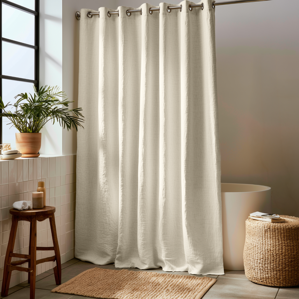 Ecru Heavy Weight Linen Hookless Weighted Shower Curtain next to a Wooden Stool with Spa Essentials