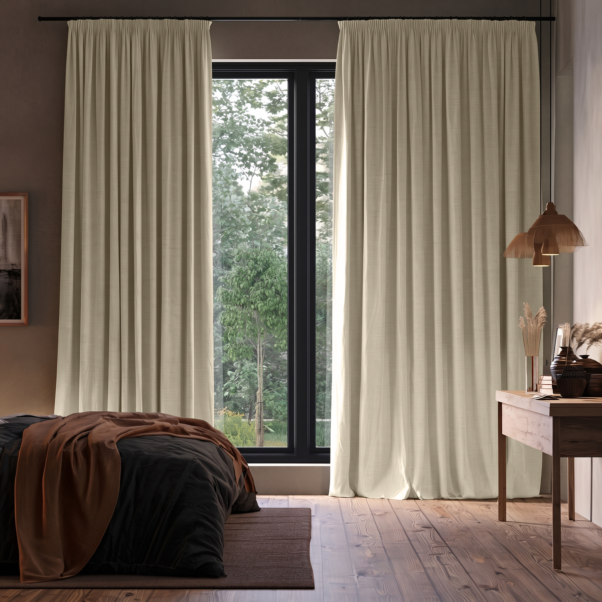 Ecru Heavy Weight Linen Pencil Pleat Extra Long Curtains in a Contemporary Bedroom with Dark Bedding and Black-Framed Windows