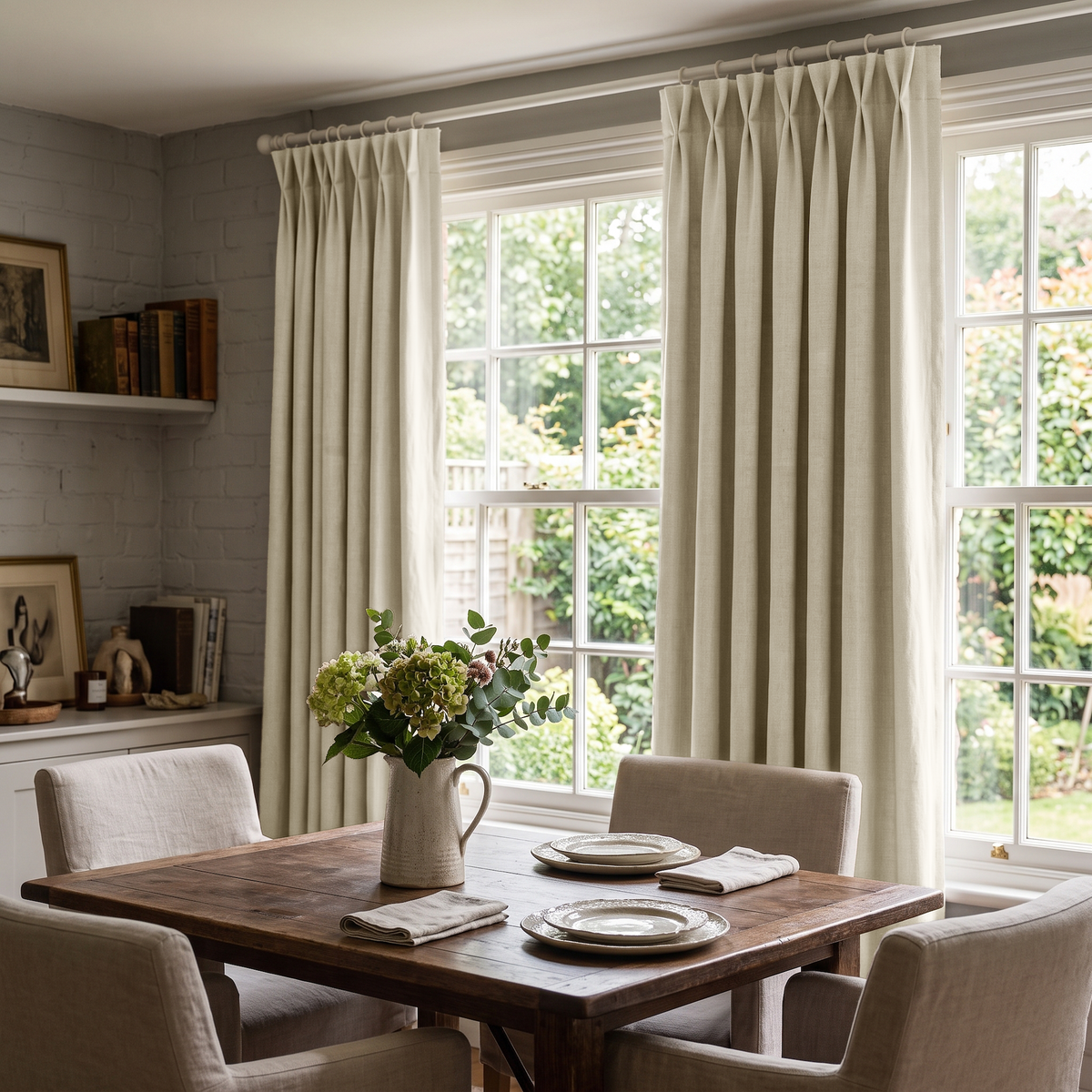 Ecru Heavy Weight Linen Pinch Pleat Curtains in a Traditional Dining Room with Brick Accent Wall and Upholstered Chairs