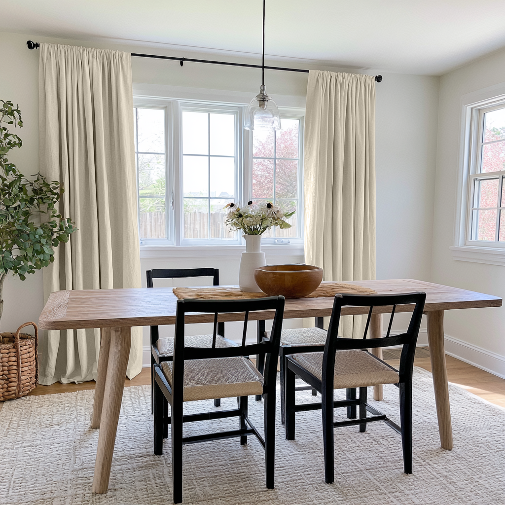 Ecru Heavy Weight Linen Rod Pocket Curtains in a Modern Farmhouse Dining Room with Light Wood Table and Black Dining Chairs