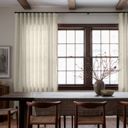 Ecru Heavy Weight Linen S-Fold Curtains in a Modern Organic Dining Room with Dark Wood Windows and Exposed Ceiling Beams