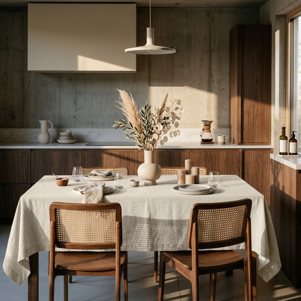 Ecru Rectangular Heavy Weight Linen Tablecloth in a Modern Industrial Kitchen with Concrete Walls and Walnut Cabinetry