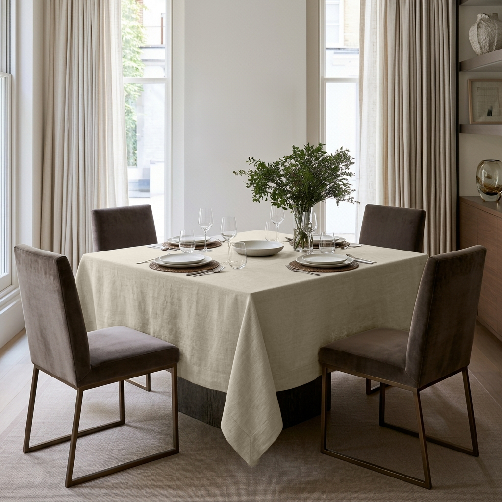 Ecru Square Heavy Weight Linen Tablecloth in a Contemporary Dining Room with Floor-to-Ceiling Curtains and Taupe Upholstered Chairs