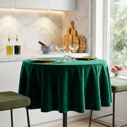 Emerald Green Small Velvet Round Tablecloth in a Bright Kitchen with Marble Backsplash and White Cabinetry