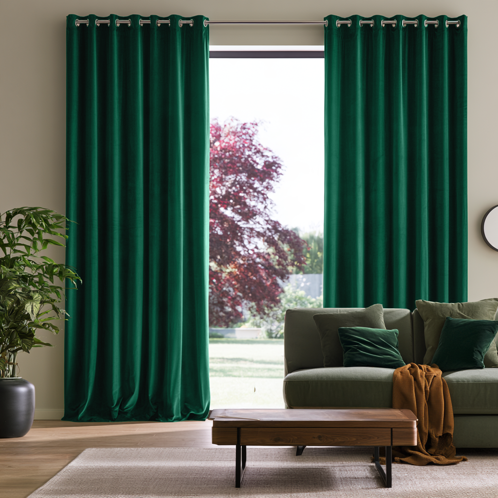 Emerald Green Velvet Grommet Extra Long Curtains in a Modern Living Room Setting With a Green Sofa, Wooden Coffee Table, and a Potted Plant