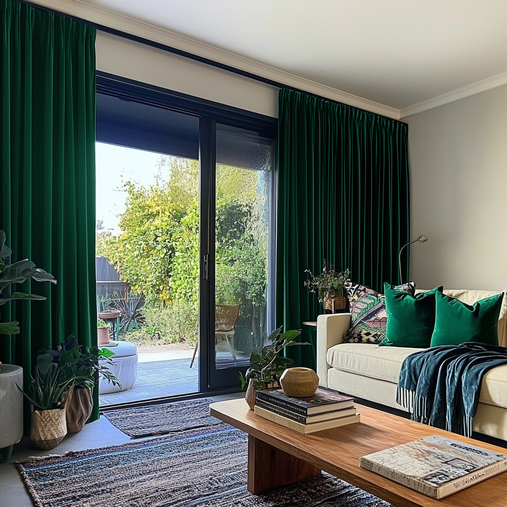 Emerald Green Velvet Pencil Pleat Blackout Curtains for Sliding Doors in a Living Room with Light Grey Walls