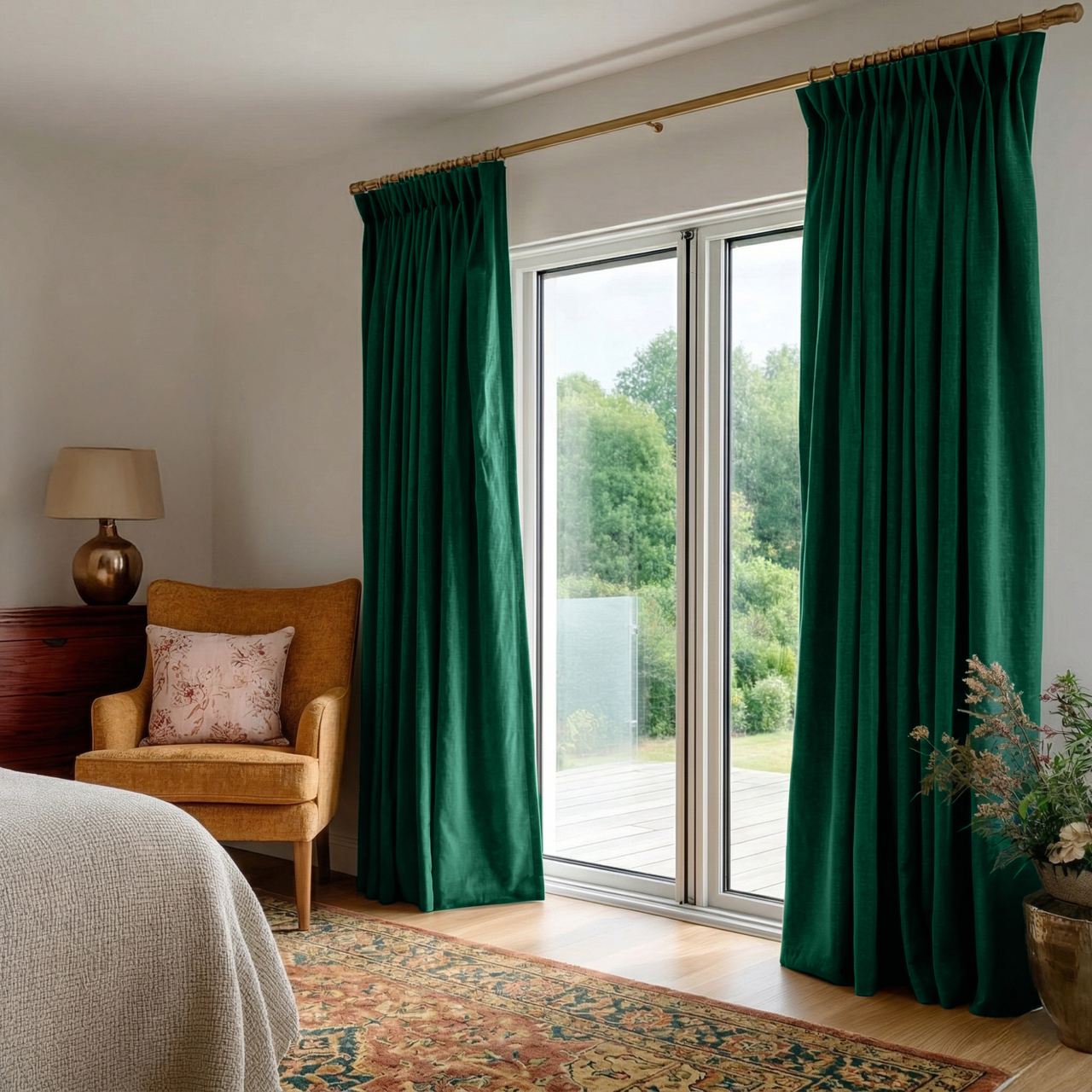 Emerald Green Velvet Pinch Pleat Blackout Curtains for Sliding Doors in a Bedroom with Off-White Walls