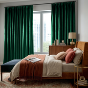 Emerald Green Velvet Pinch Pleat Blackout Curtains in a Bedroom with Light Grey Walls