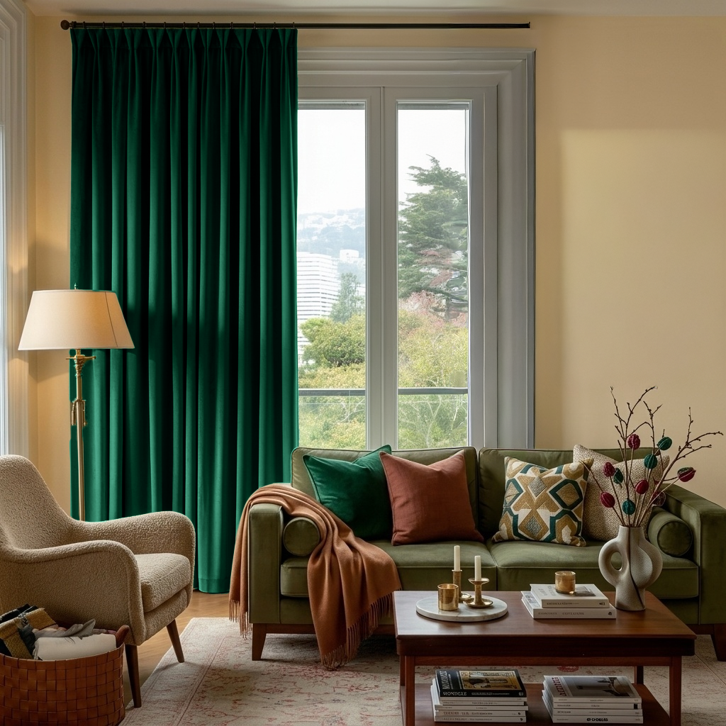 Emerald Green Velvet Pinch Pleat Blackout Curtains in a Living Room with Cream Walls