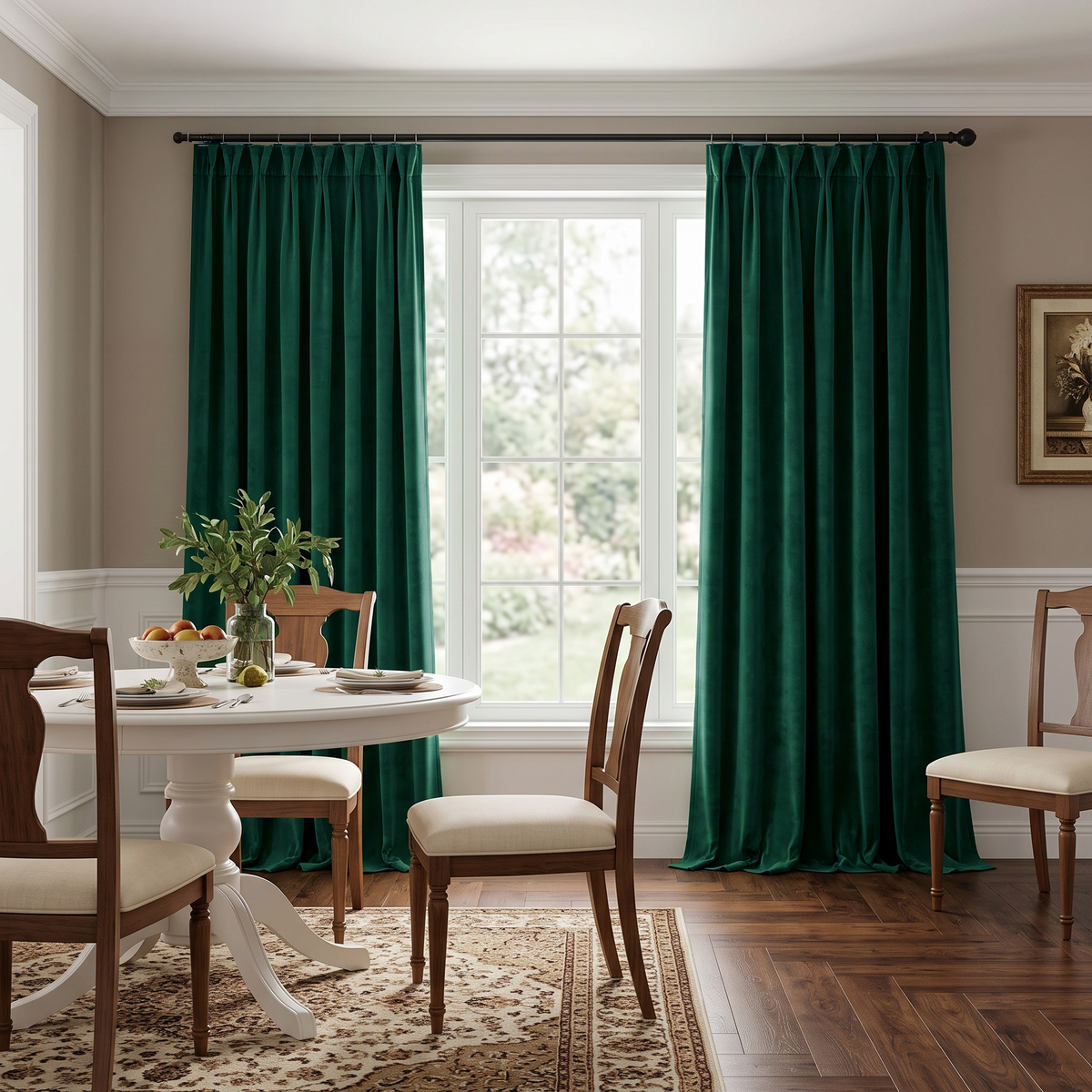 Elegant floor-length emerald green curtains framing a large window in a sophisticated dining room