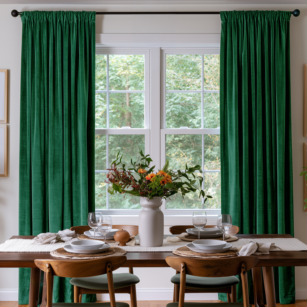 Emerald Green Velvet Curtains in a Spacious White Dining Room with a Brown Wooden Table and Soft Brown Chairs, Dinnerware Set