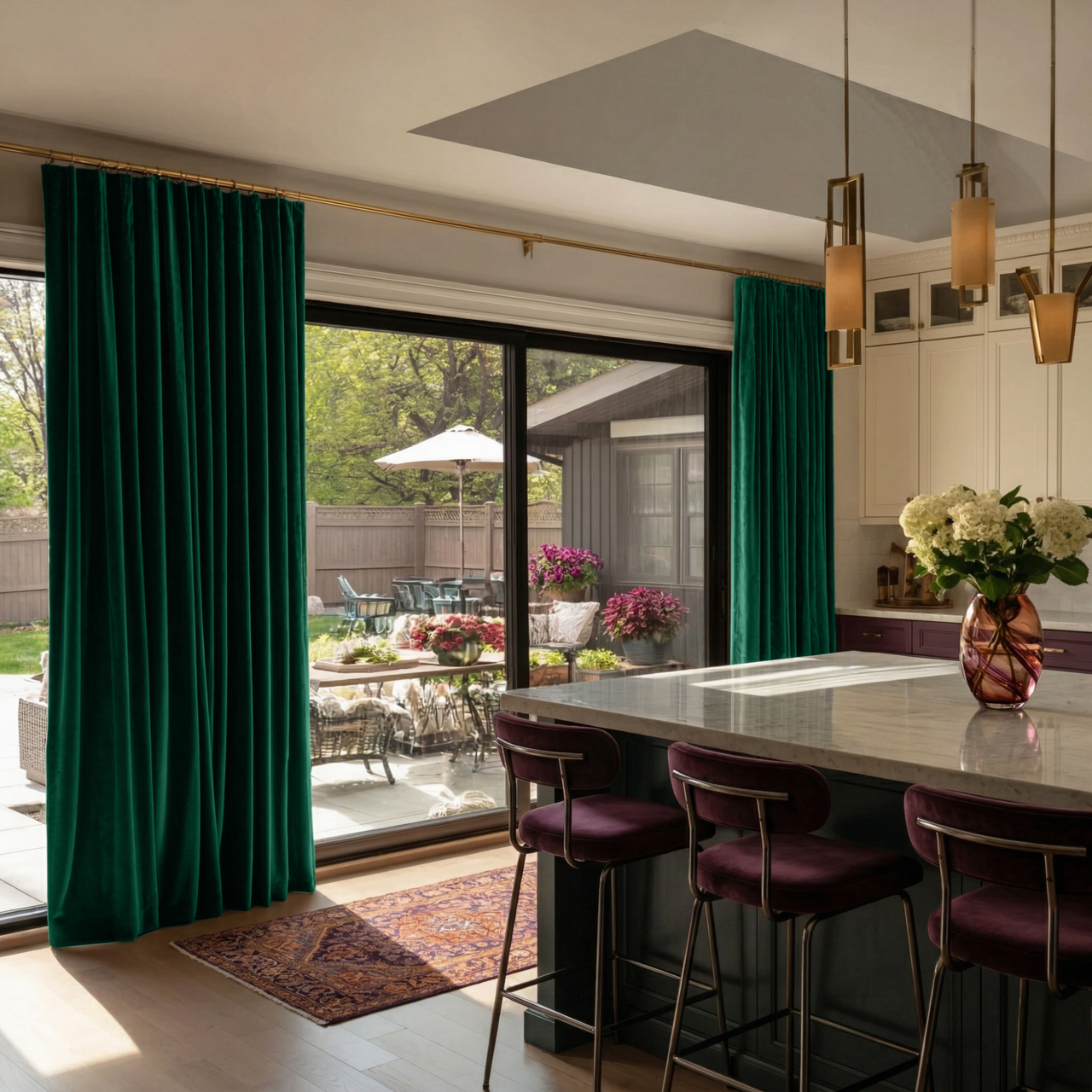 Emerald Green Velvet S-Fold Blackout Curtains for Sliding Doors in a Kitchen with Beige Walls