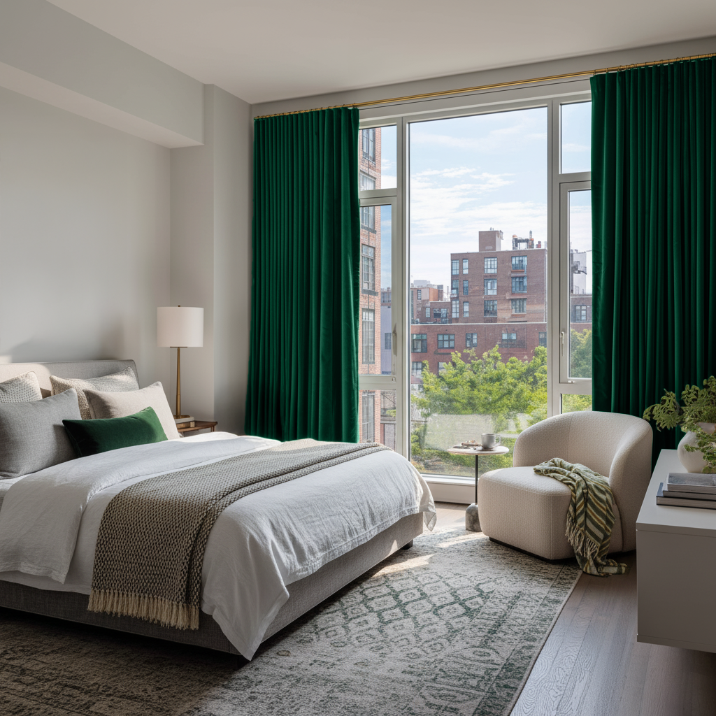Emerald Green Velvet S-Fold Blackout Curtains in a Bedroom with Light Grey Walls