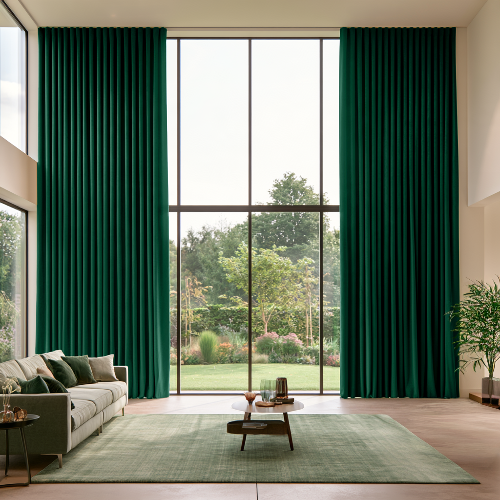 Emerald Green Velvet S-Fold Extra Long Curtains in a Modern Living Room with Double-Height Windows, Light Gray Sofa,  and Green Rug 