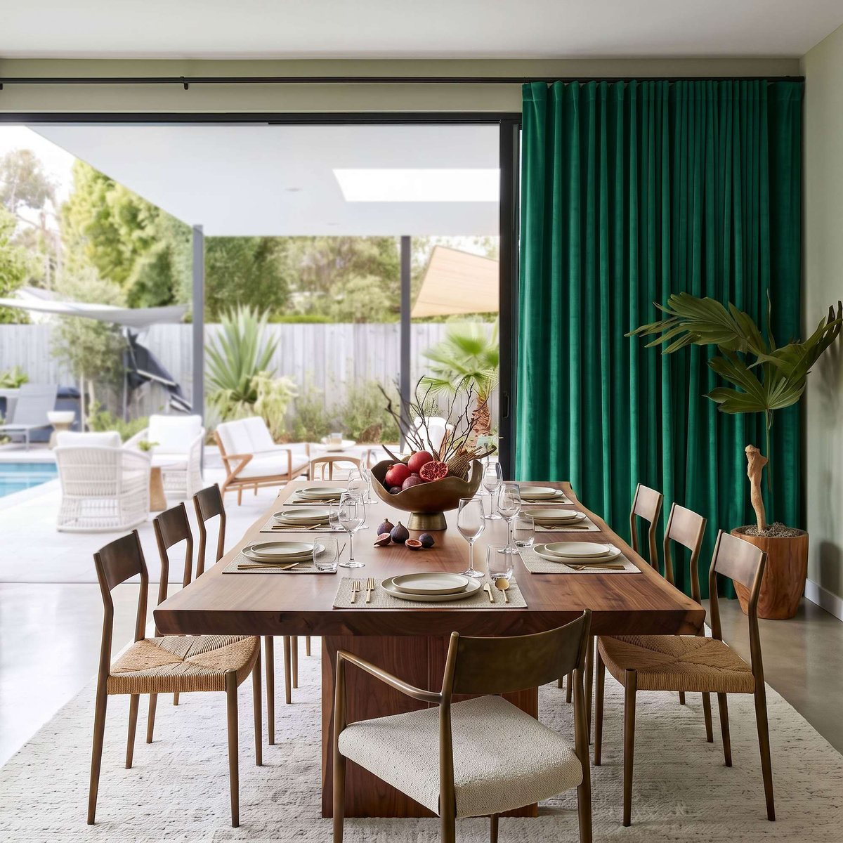 Emerald Green Velvet Curtains in a Spacious White Dining Room with a Brown Wooden Table and Soft Brown Chairs, Dinnerware Set