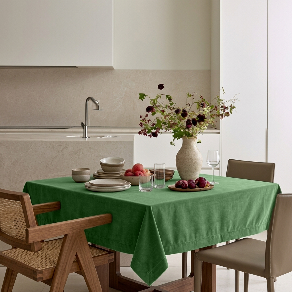 Fern Green Square Velvet Tablecloth in a Contemporary Kitchen with Stone Surfaces and Mixed Dining Chairs