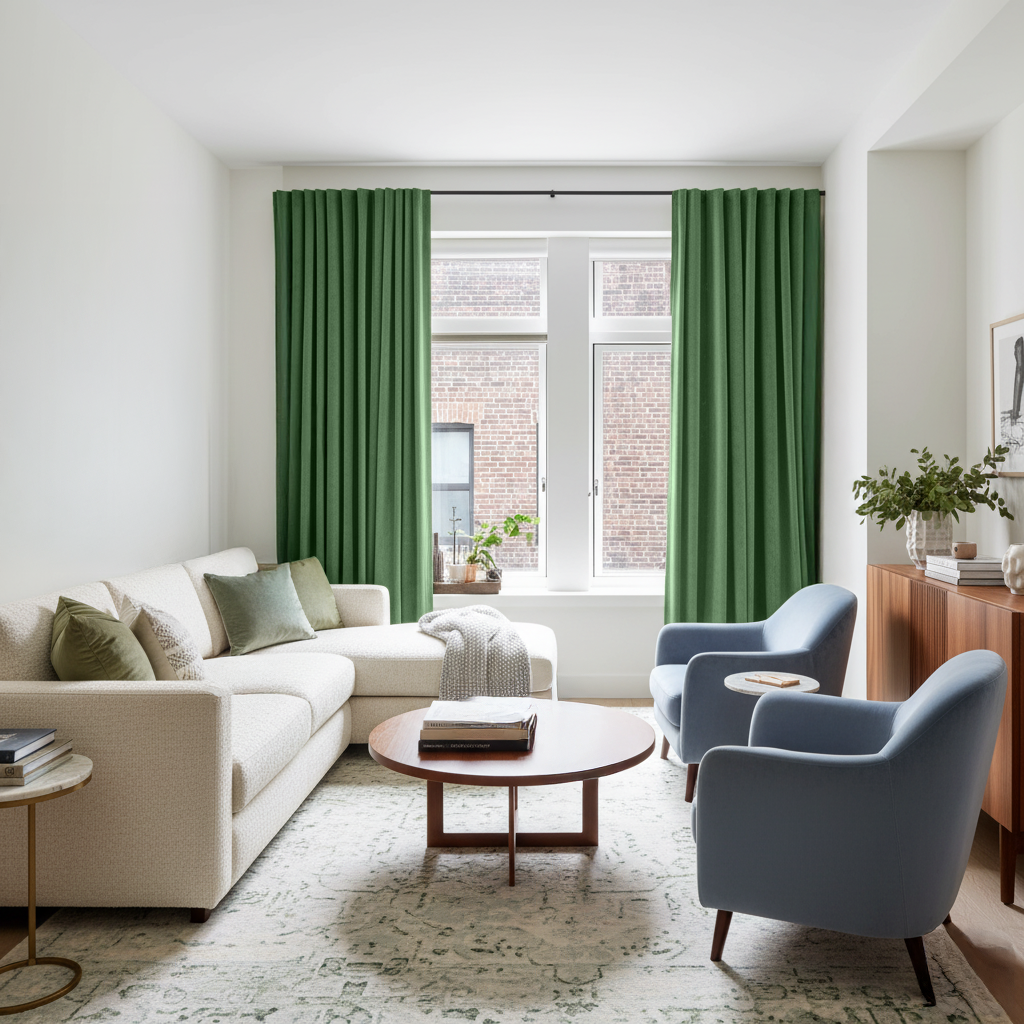 Fern Green Velvet Back Tab Blackout Curtains in a Living Room with White Walls