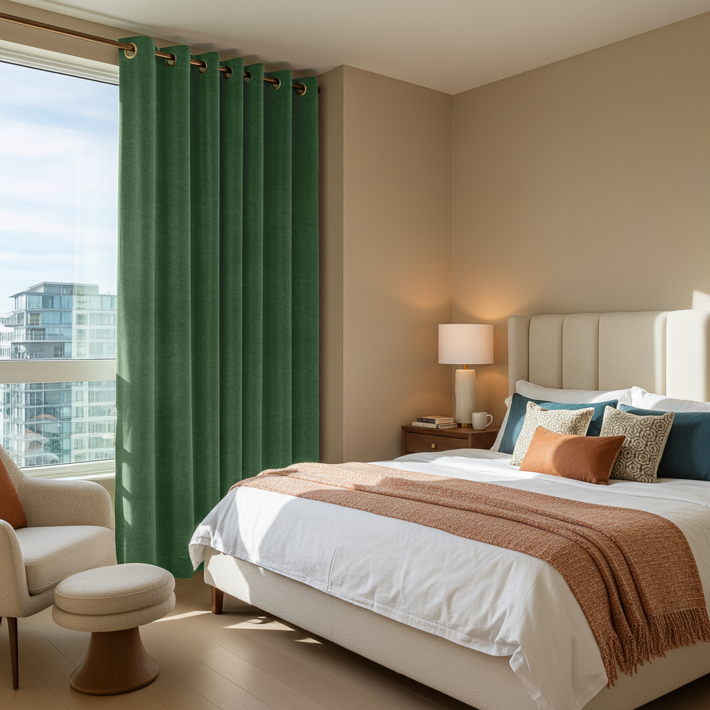 Fern Green Velvet Grommet Blackout Curtains in a Bedroom with Cream Walls