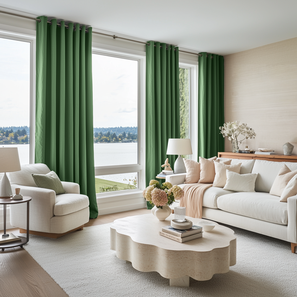 Fern Green Velvet Grommet Blackout Curtains in a Living Room with Blush Pink Walls