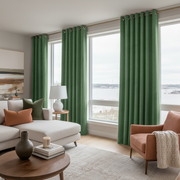 Fern Green Velvet Grommet Blackout Curtains in a Living Room with White Walls