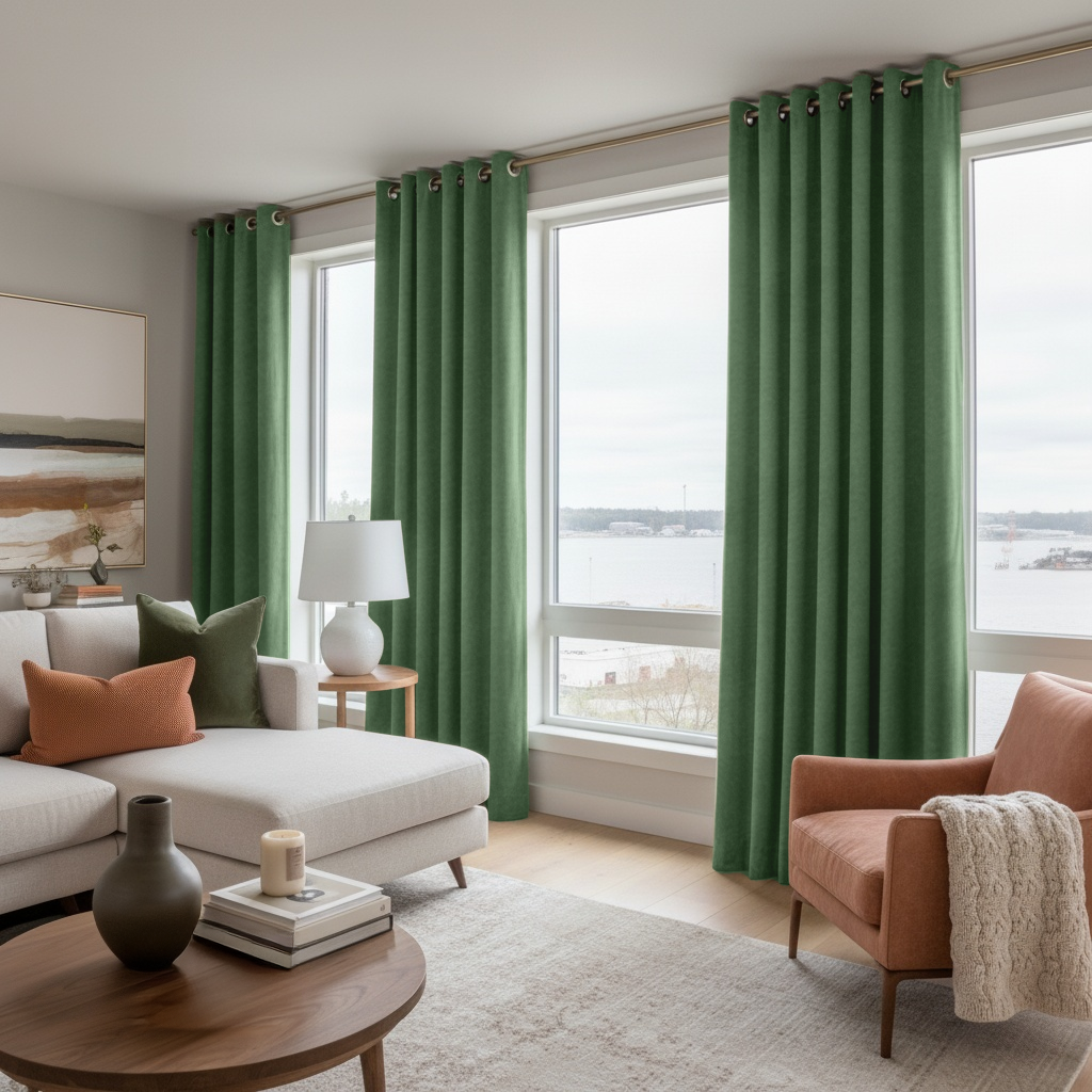 Fern Green Velvet Grommet Blackout Curtains in a Living Room with White Walls