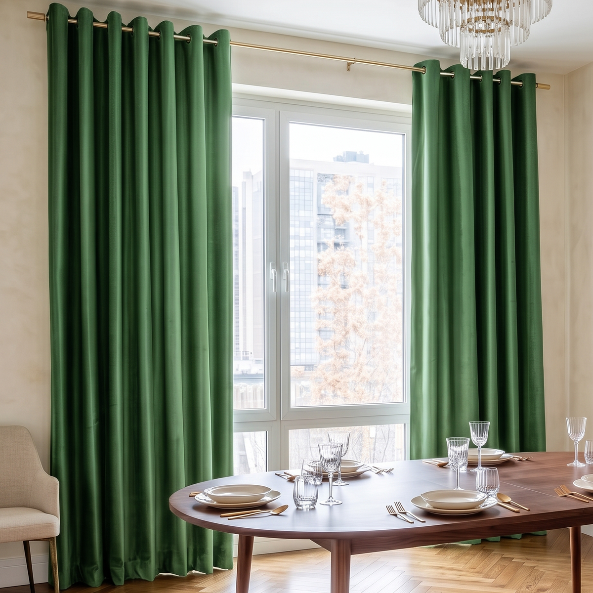 Fern Green Velvet Curtains in a Rich Dining Room with Beige Walls and a Wooden Table, Wooden Chairs with Soft Seats