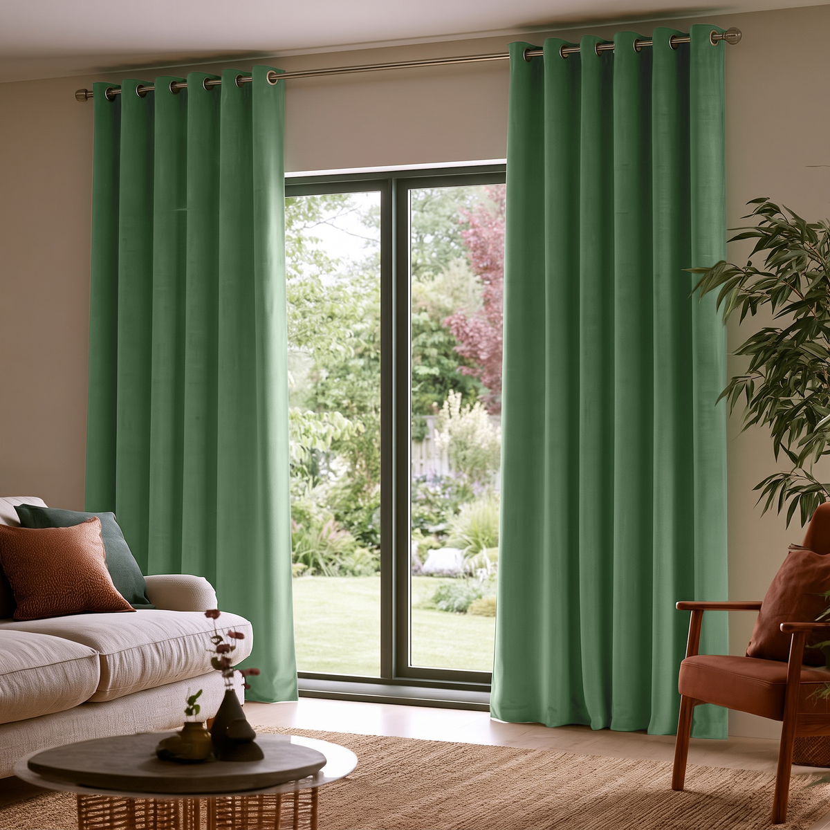 Fern Green Velvet Grommet Extra Long Curtains in a Contemporary Living Room with Sliding Glass Doors and Garden View