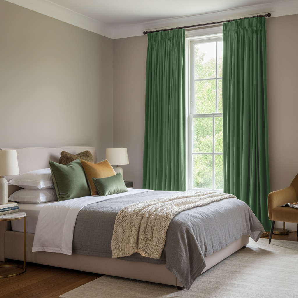 Fern Green Velvet Pencil Pleat Blackout Curtains in a Bedroom with Grey Walls