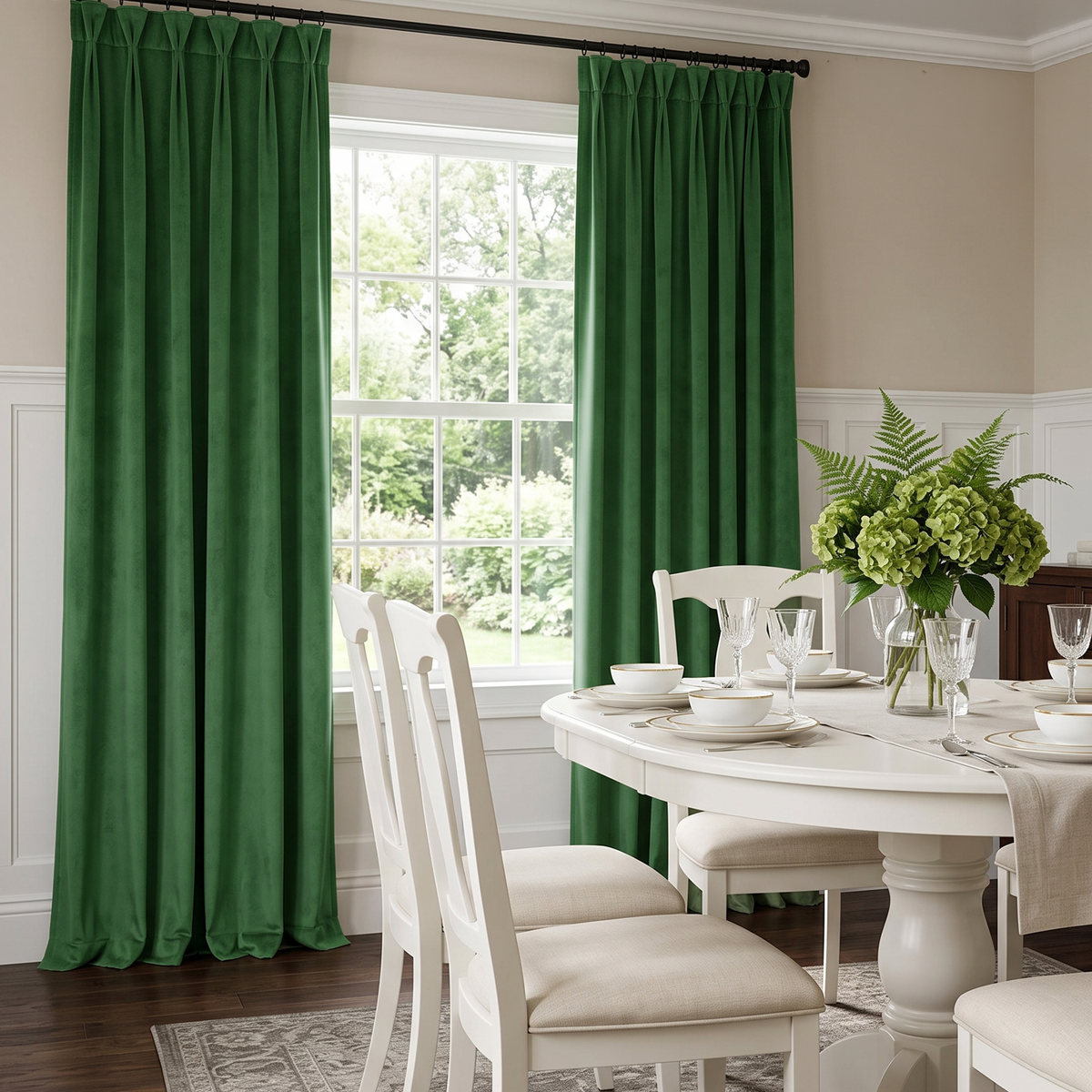 Elegant floor Fern Green curtains framing a large window in a bright, classic dining room