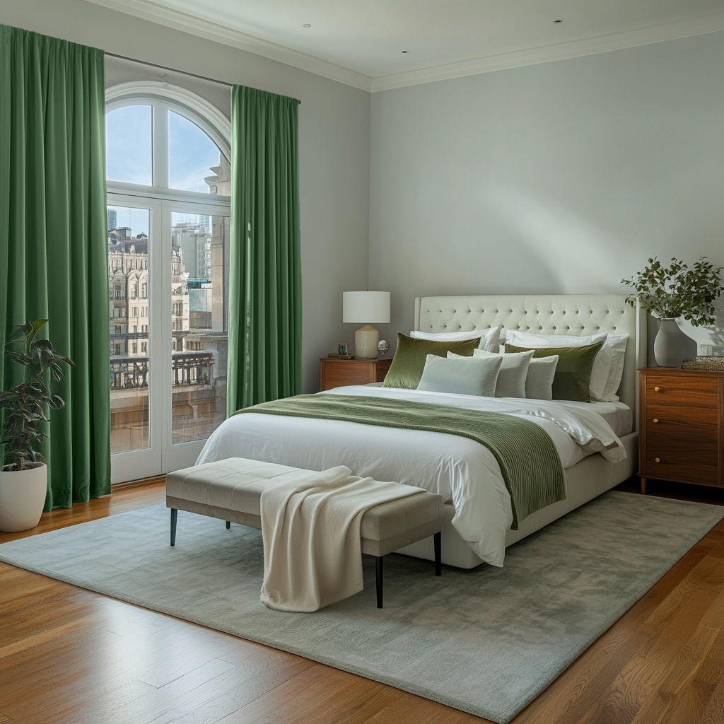 Fern Green Velvet Rod Pocket Blackout Curtains in a Bedroom with Soft Light Grey Walls