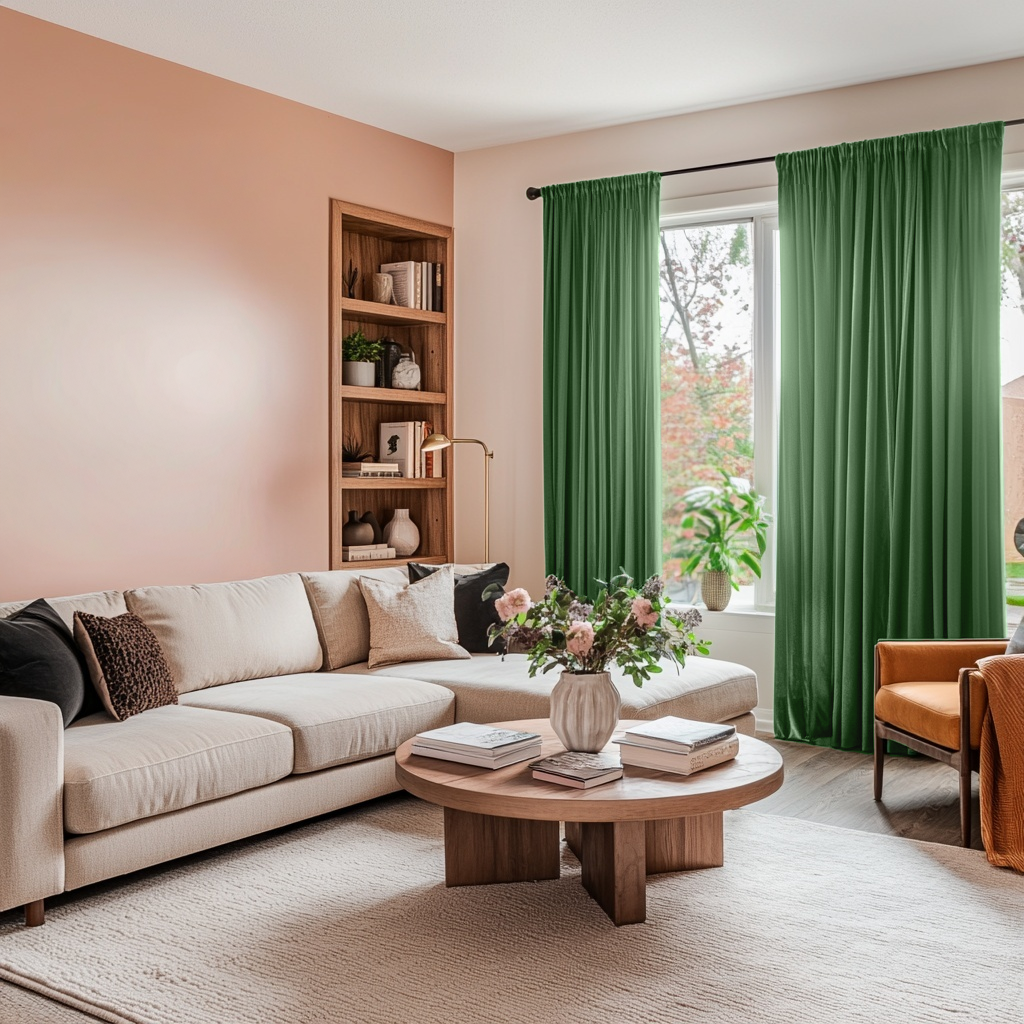 Fern Green Velvet Rod Pocket Blackout Curtains in a Living Room with Peach Walls