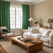 Fern Green Velvet Rod Pocket Blackout Curtains in a Living Room with Warm Beige Walls