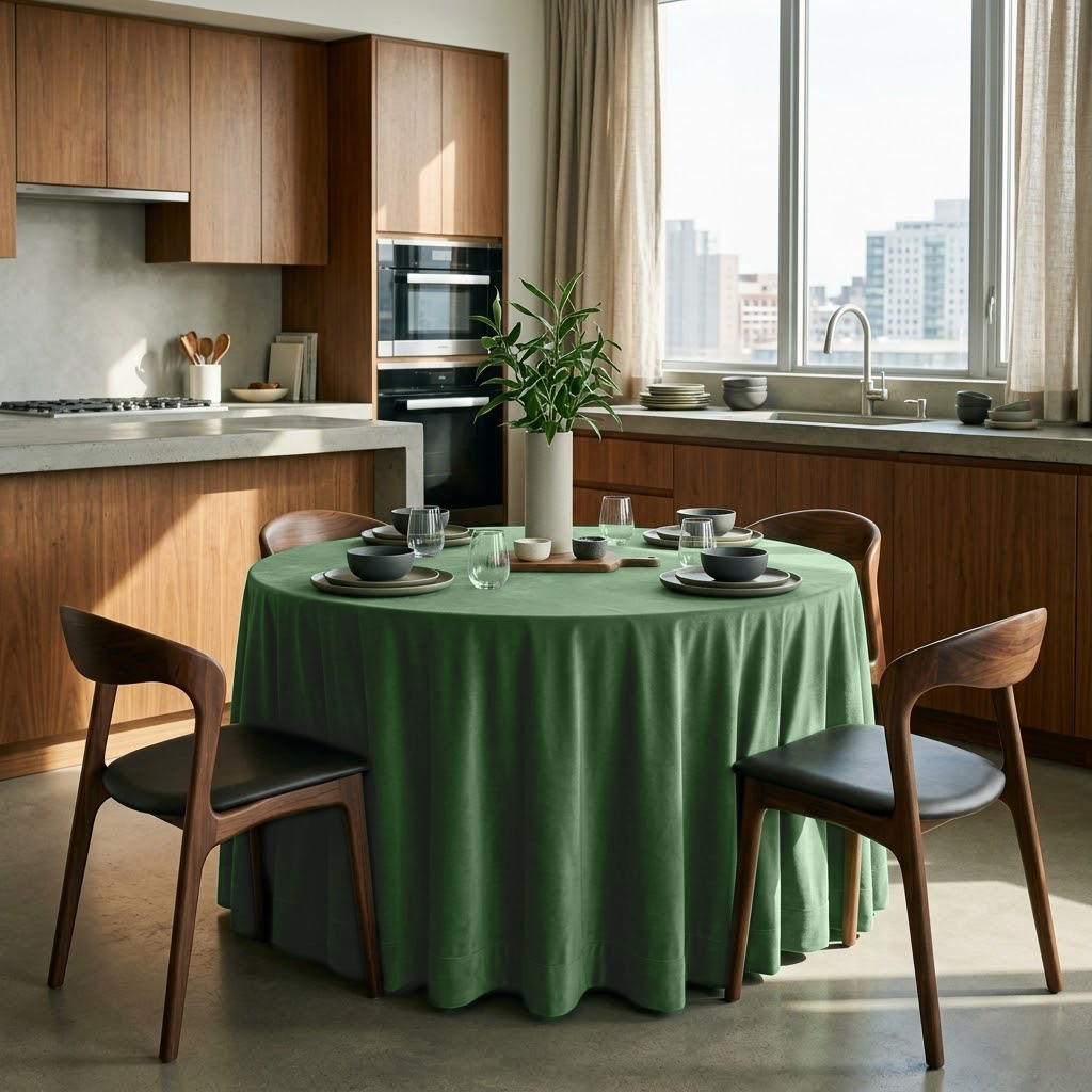 Fern Green Velvet Round Tablecloth in a Modern Kitchen Dining Nook with Warm Wood Cabinetry