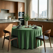 Fern Green Velvet Round Tablecloth in a Modern Kitchen Dining Nook with Warm Wood Cabinetry