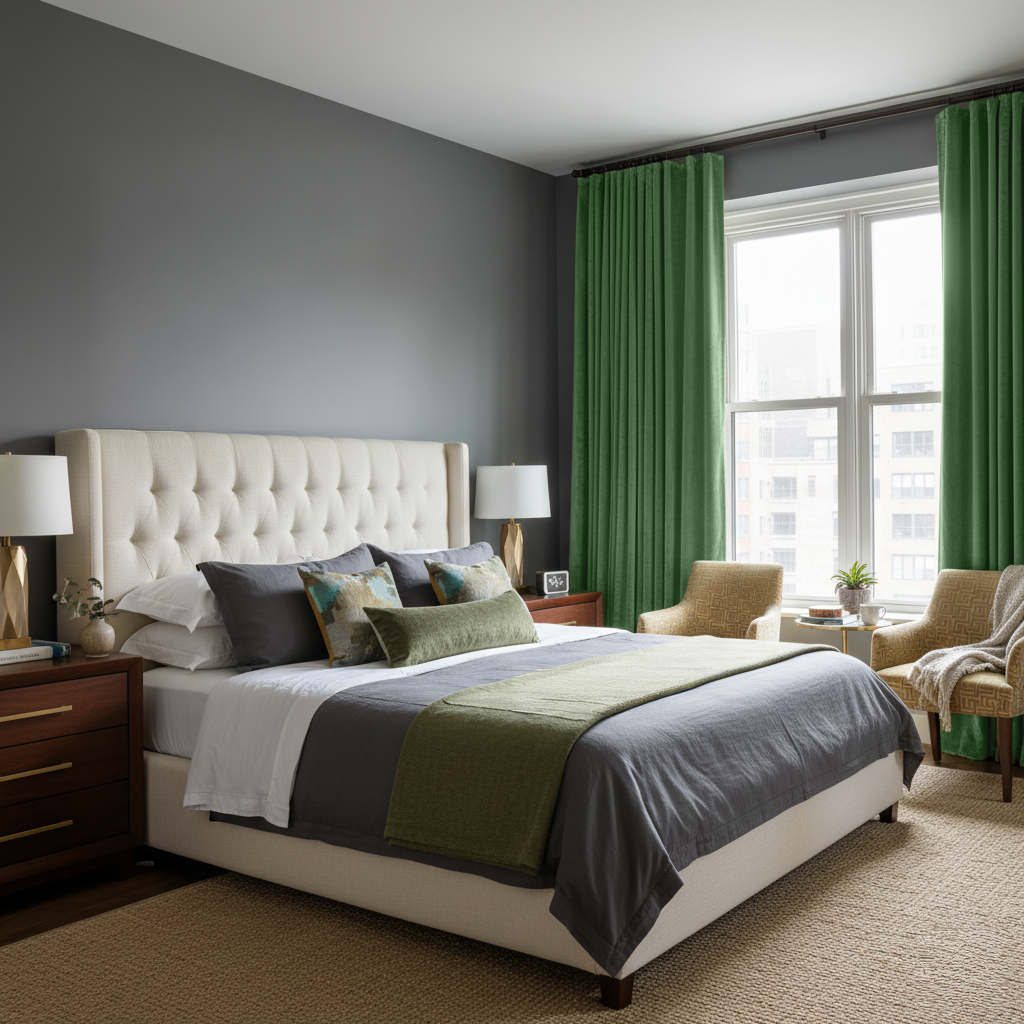 Fern Green Velvet S-Fold Blackout Curtains in a Bedroom with Grey Walls