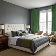 Fern Green Velvet S-Fold Blackout Curtains in a Bedroom with Grey Walls