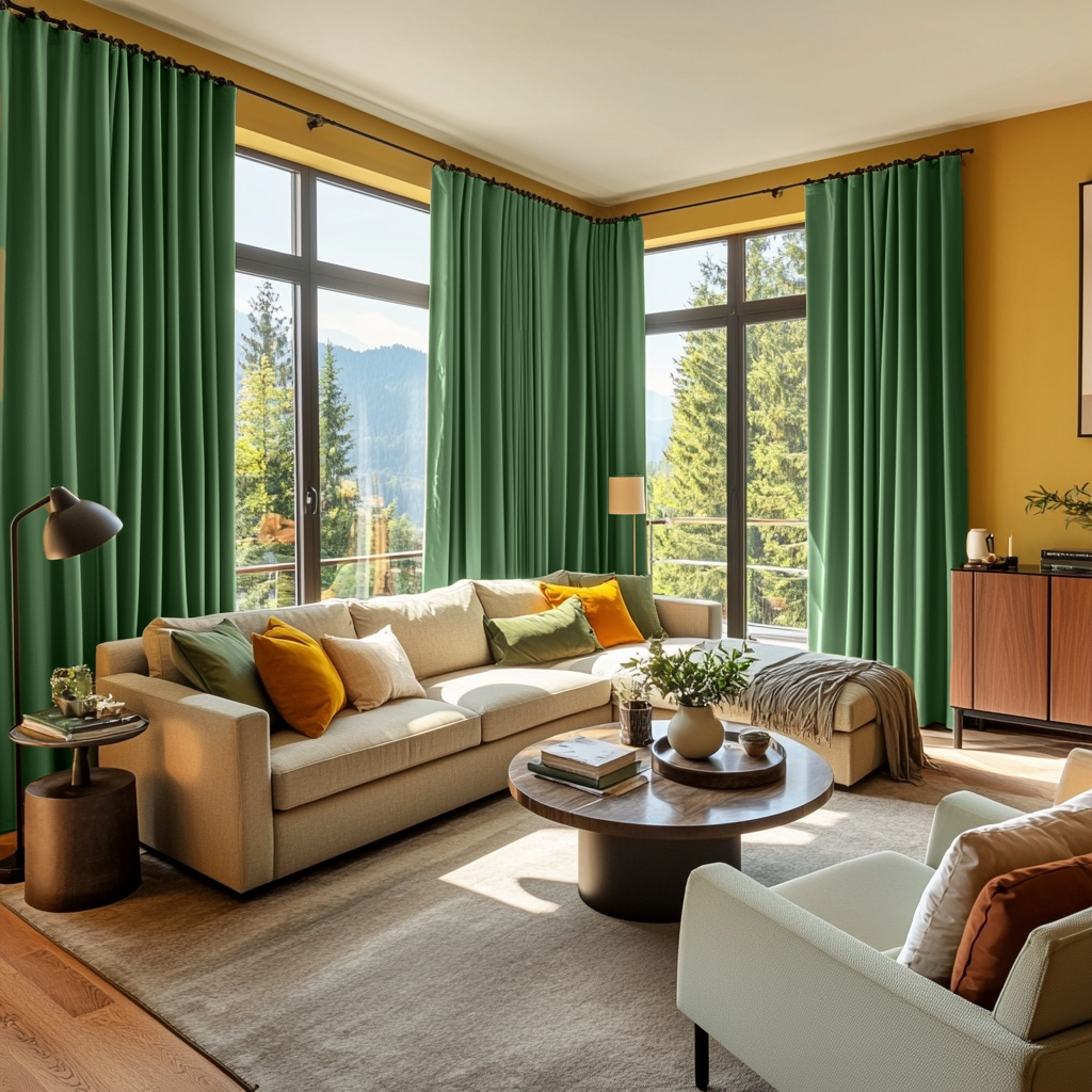 Fern Green Velvet S-Fold Blackout Curtains in a Living Room with Mustard Yellow Walls