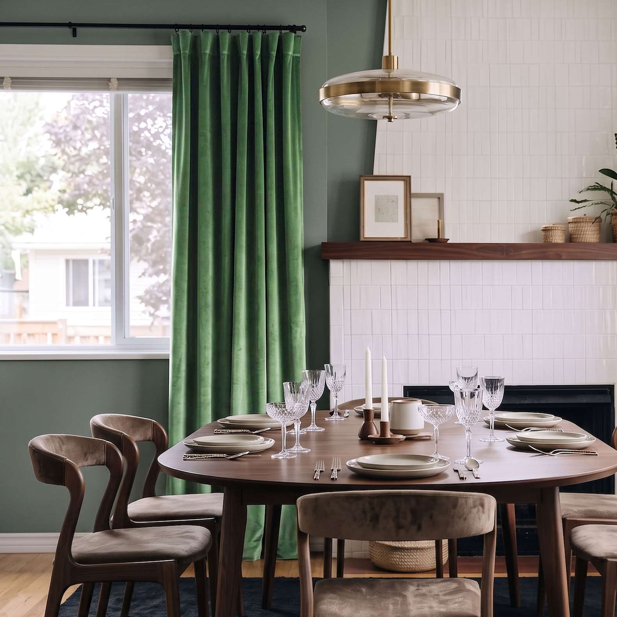 Fern Green Velvet Curtains in a Rich Dining Room with Beige Walls and a Wooden Table, Wooden Chairs with Soft Seats, Fireplace