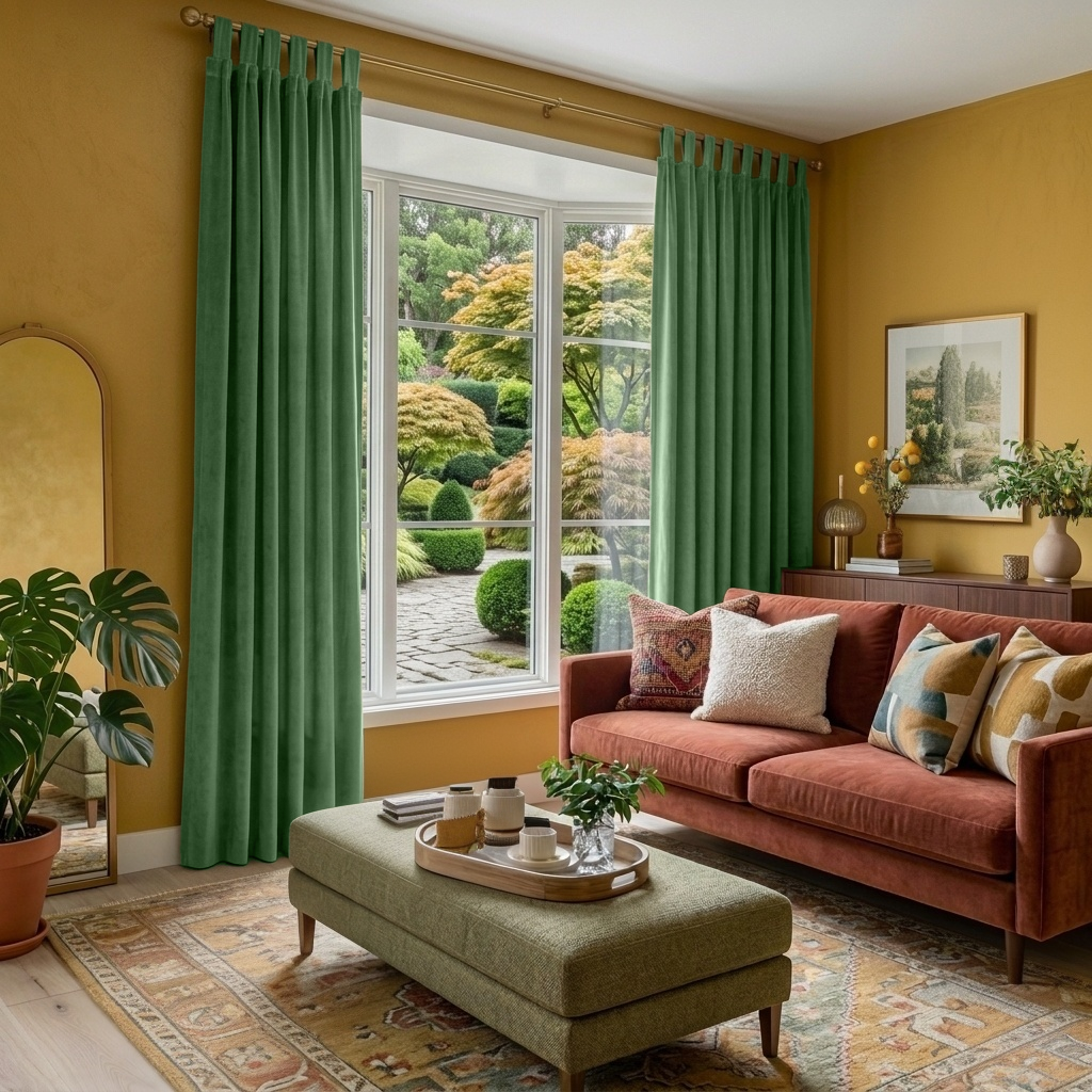 Fern Green Velvet Tab Top Blackout Curtains in a Living Room with Mustard Yellow Walls