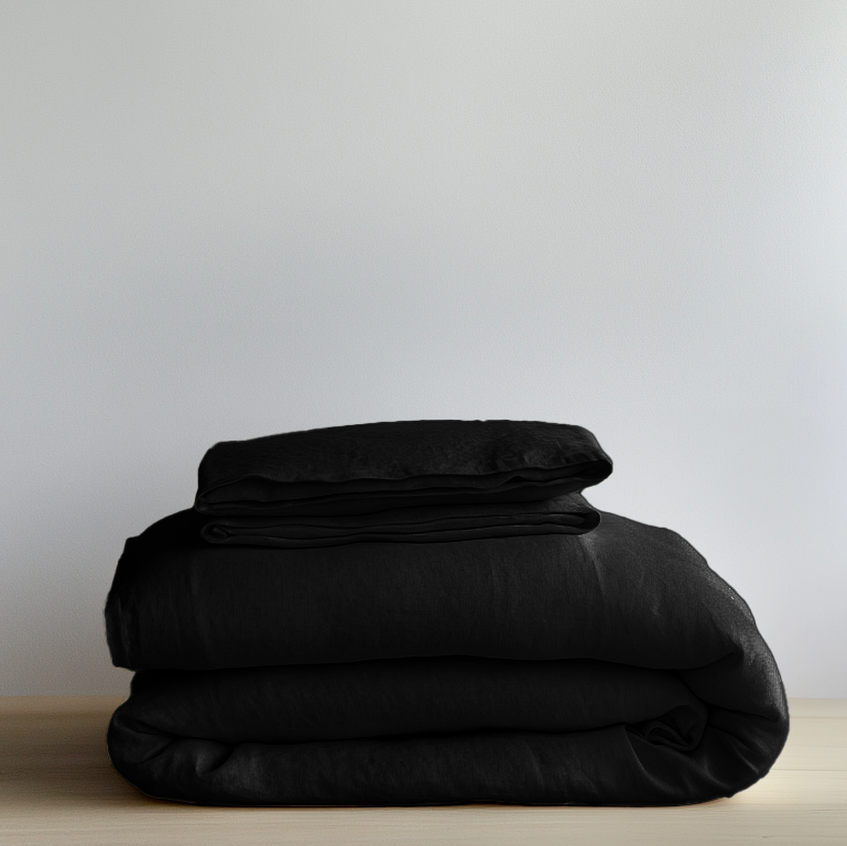 Folded Black Natural Linen Duvet Cover Set