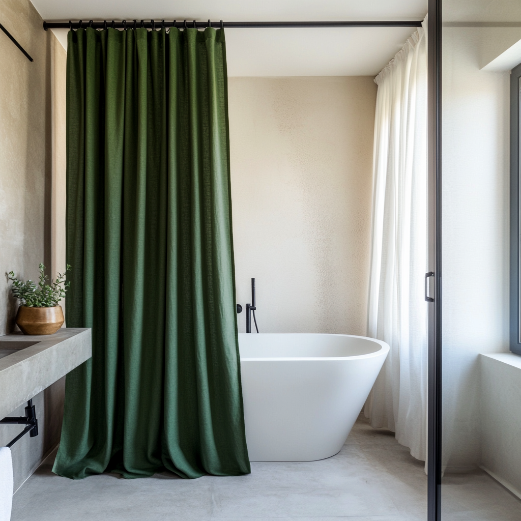 Forest Green Linen Shower Curtain - Unlined or With Waterproof Lining – Custom Lengths: 72", 74", 80", 84", 96", and More