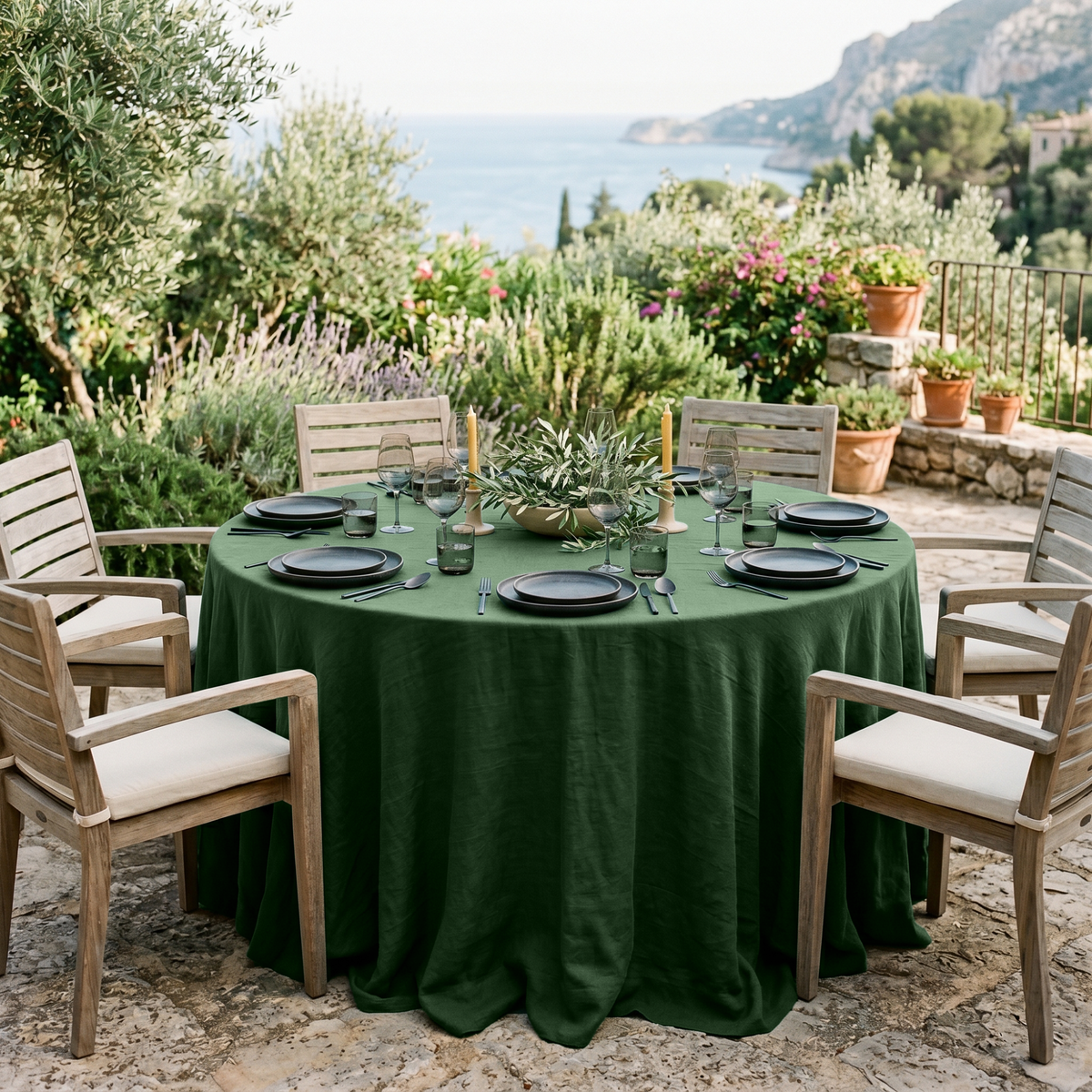 Forest Green Linen 120 Inch Round Tablecloth in a Mediterranean Terrace Dining Space with Natural Wood