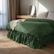 Forest Green Linen Bed Skirt with Gathered Ruffles