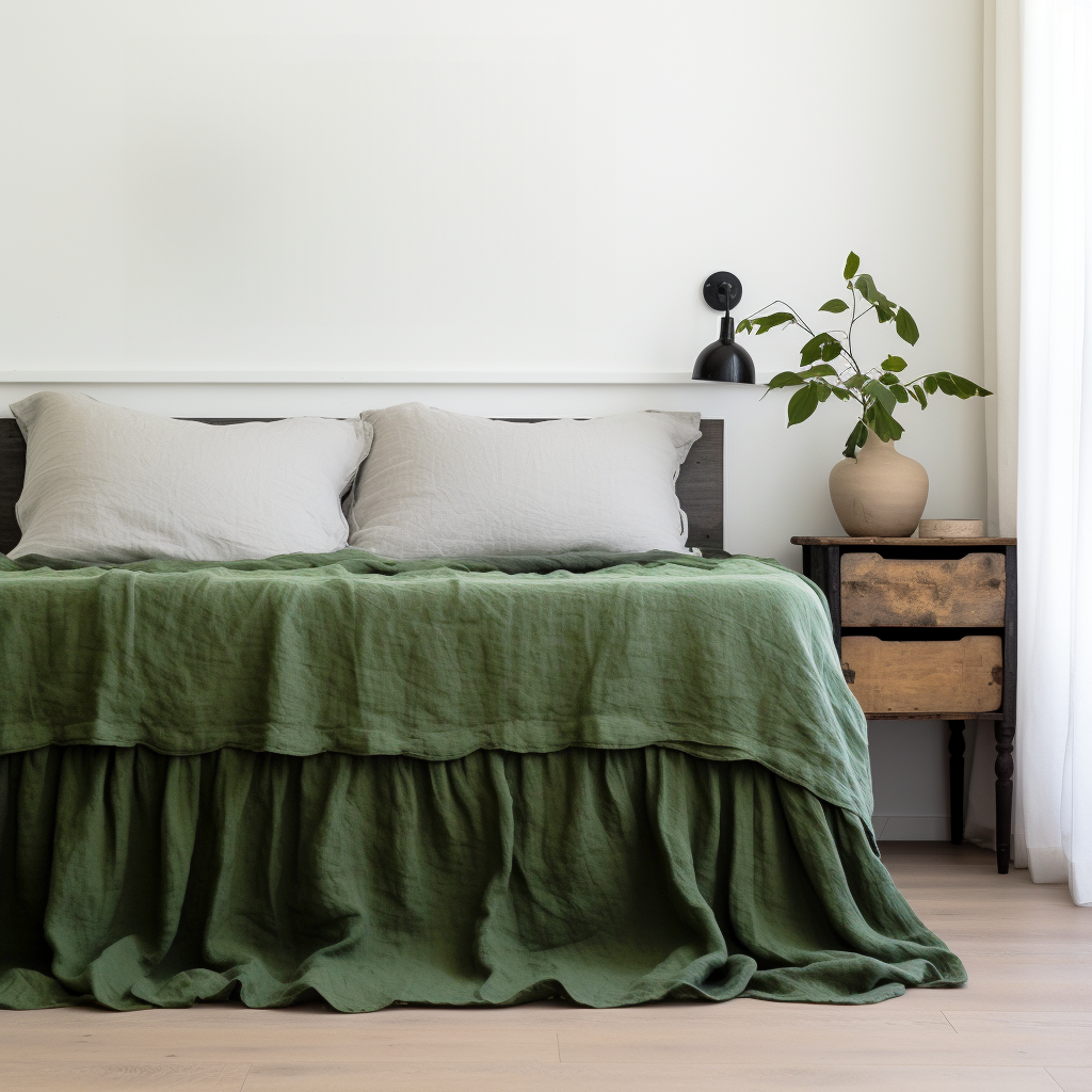 Forest Green Linen Bed Skirt with Gathered Ruffles