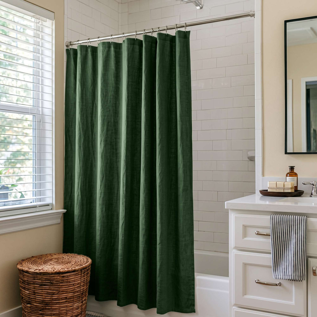 Forest Green Linen Button-Hole Top Shower Curtain in a Traditional Bathroom with White Subway Tiles