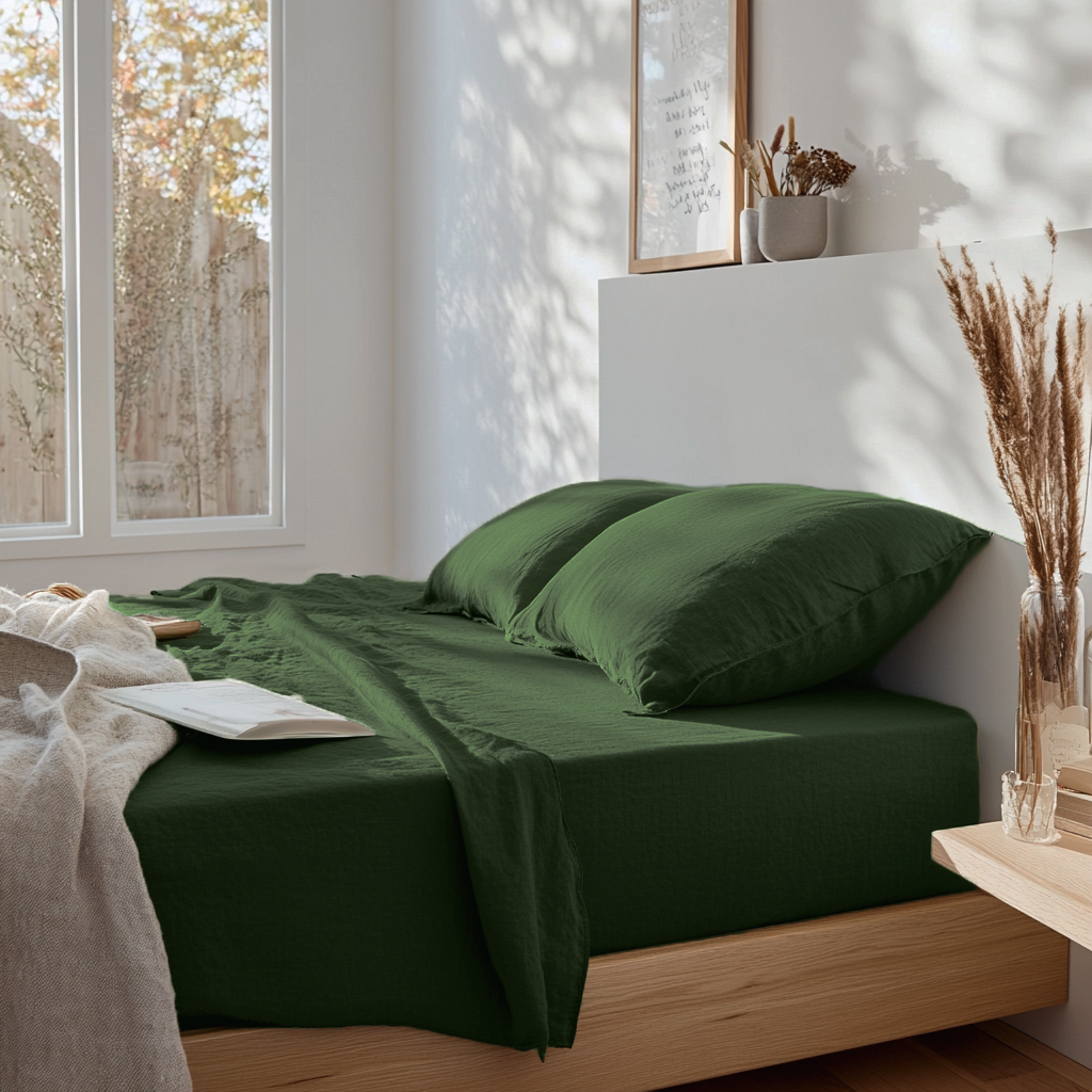 Forest Green Washed Linen Deep Pocket Fitted Sheet